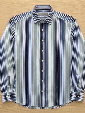 🇮🇹 ETRO Milano $600 Striped Navy and White Spread-Collar Dress Shirt
